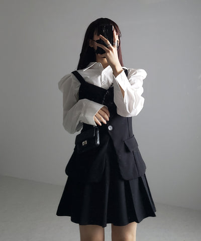 【 ３点セットアップ 】ショートシャツ＆プリーツミニスカート＆キャミビスチェ SET