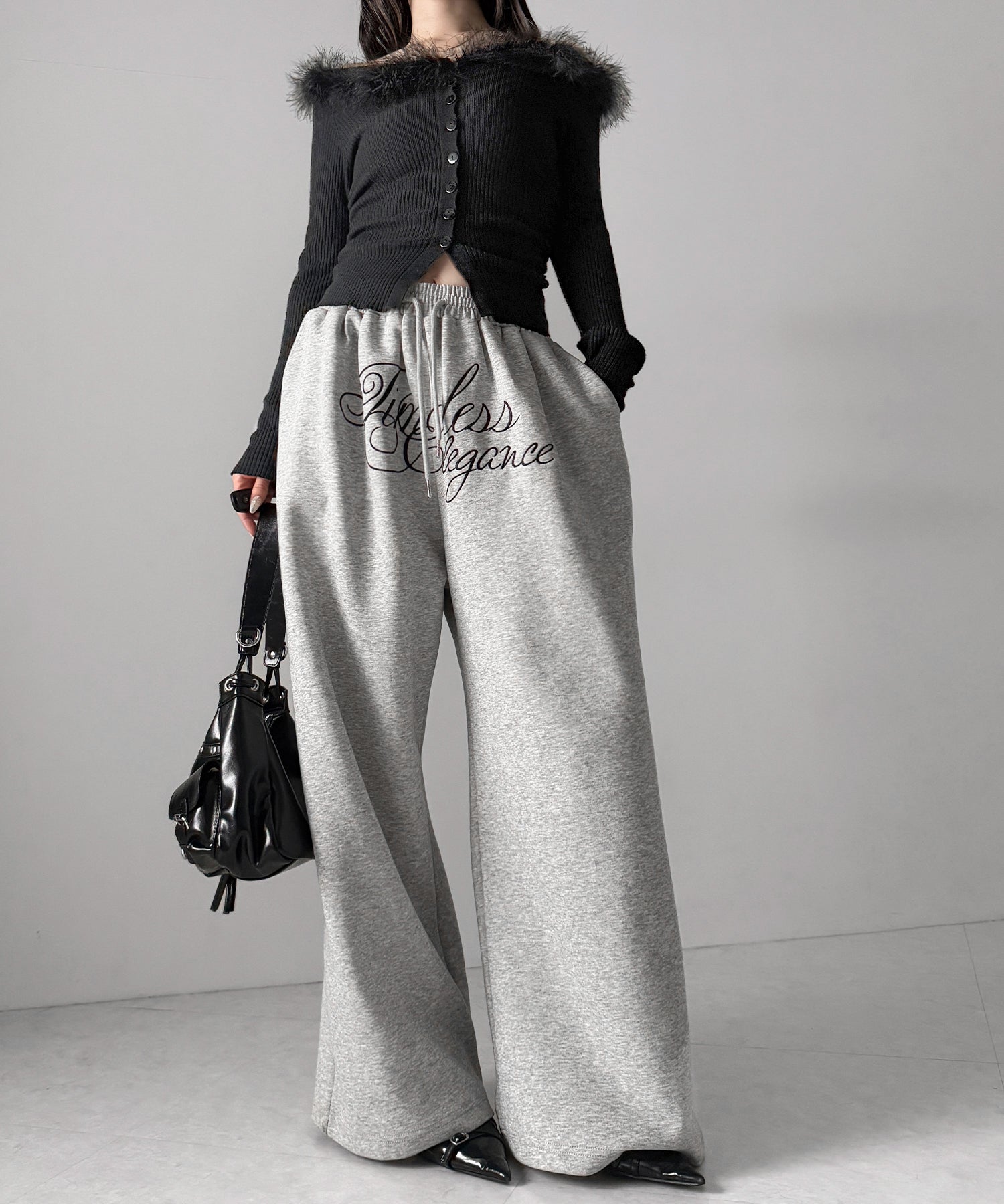 フェザーファー襟オフショルリブニットトップス ／feather fur collar off shoulder rib knit tops