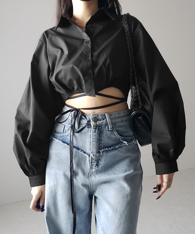 【 ２color 】クロスストラップリボンショートシャツ ／ cross strap ribbon short shirts