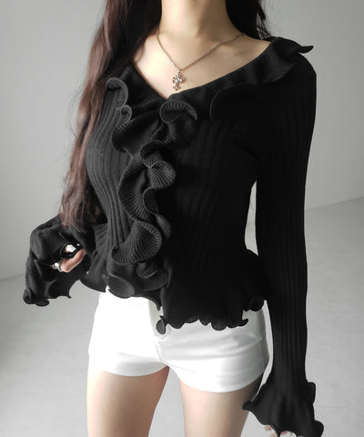 シアーフリル長袖リブニットカーディガン ／ sheer frill long-sleeve ribbed knit cardigan
