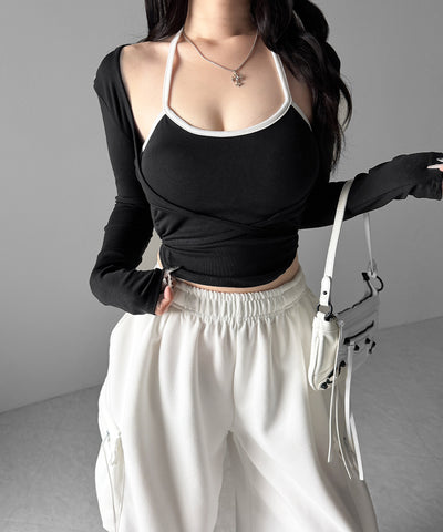 【２点セット 】２WAY クロスストラップショートカーディガン＋ ホルターリボンバイカラーキャミSET ／ 2WAY cross strap short cardigan + halter ribbon bicolor camisole SET