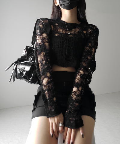 【 ２color 】クラッシュダメージショートシアーニット ／ crush damage short sheer knit