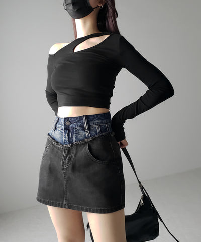 【 ３size ／ ２color 】ダメージドッキングヴィンテージデニムミニスカート ／damage docking vintage denim mini skirt