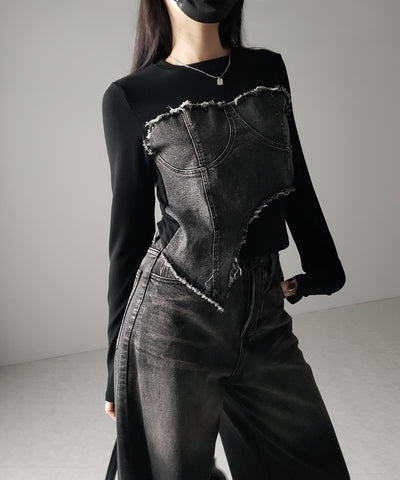 【 ２color 】ダメージデニムビスチェドッキングＴシャツ ／ damage denim bustier docking Tee