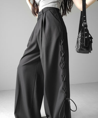 レースアップダブルタックワイドスラックス ／ laceup double tack wide slacks