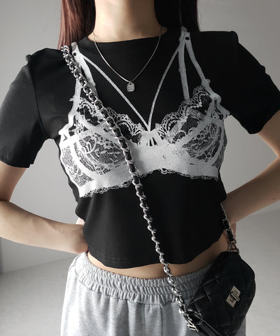 【 ３color 】レースランジェリー半袖クロップドＴ ／ lace lingerie short sleeve cropped T