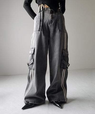 【 ２color ／ ４size 】サイドラインストレートカーゴデニムパンツ ／ sideline straight cargo denim pants