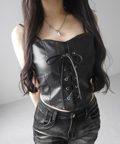 レースアップフロントリボンフェイクレザービスチェ ／ lace up front ribbon fake leather bustier