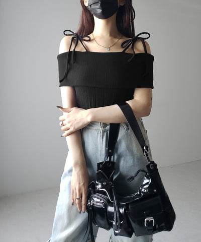 【 ２color 】ダブルリボンオフショルダーリブトップス ／ double ribbon off-shoulder rib tops