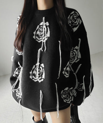 バラジャガードフリンジビッグシルエットニット ／ rose jacquard fringe big silhouette knit