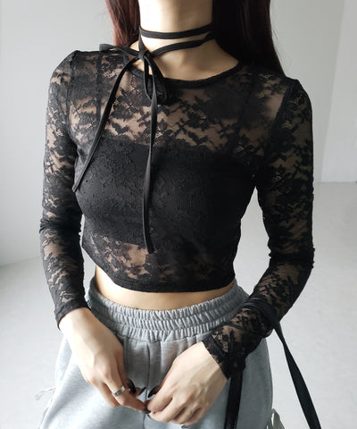 【 ２color 】ストラップリボンショートレーストップス ／ strap ribbon short lace tops