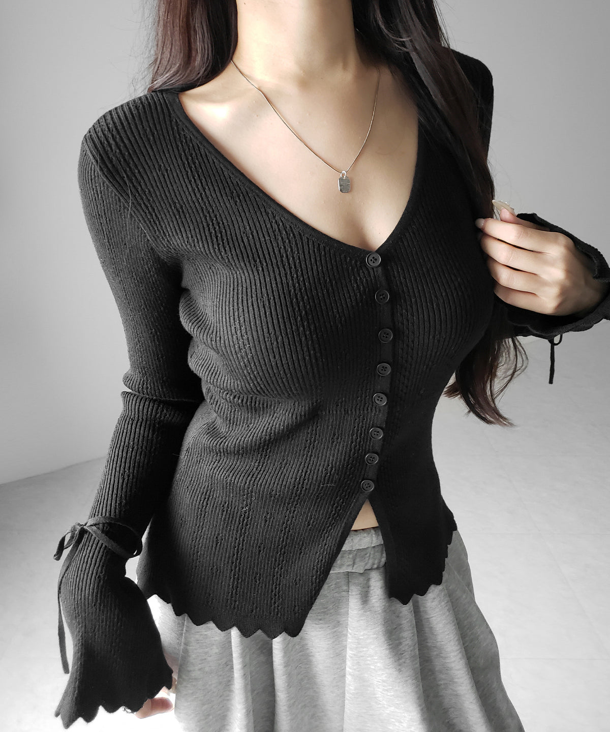 フレアリボンスリーブ透かし編みニットカーディガン ／ flare ribbon sleeve openwork knit cardigan