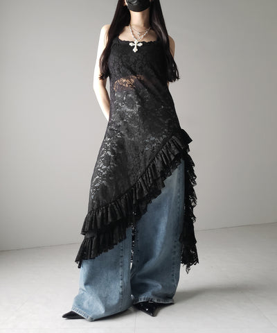【 ２color 】アシンメトリーフリルレイヤードレースキャミワンピース ／ asymmetry frill layered lace cami onepiece