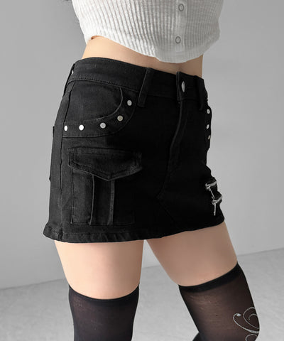 スタッズジップデザインストレッチデニムミニスカパン／ studs zip design stretch denim mini skirt pants