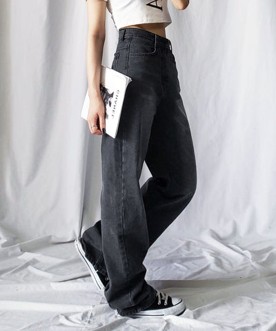 【 ２color ／ ３size 】ハイウエストウォッシングロングデニムパンツ
