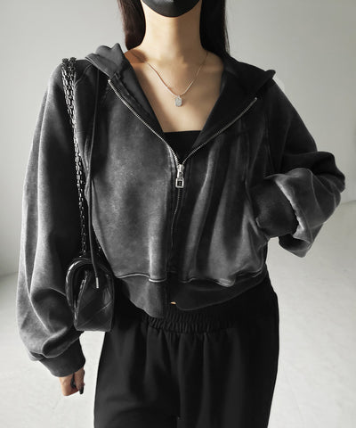 【 ２color 】ピグメントヴィンテージショートジップパーカー ／ pigment vintage short zip hoodie