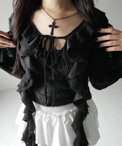 【 ２color 】ダメージフリルショートリボンカーディガン ／ damage frill short ribbon cardigan