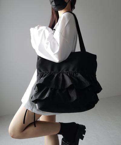 【 ２color 】ティアードフリルBIGキャンバストートバッグ ／ tiered frill big canvas tote bag