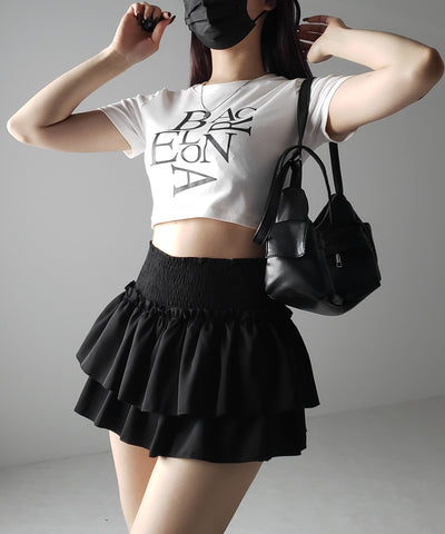 【 ３color ／ ３size 】２段フリルシャーリングミニスカパン ／ double frill shirring mini skirt pants