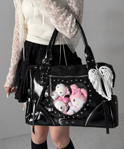 【 限定先行販売 】ハートクリアポケットスタッズフェイクレザートートバッグ ／ heart clear pocket studs fake leather tote bag