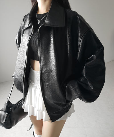 【 ２color 】バックリボン刺繍ヴィンテージライクフェイクレザーブルゾン ／ back ribbon vintage like fake leather blouson