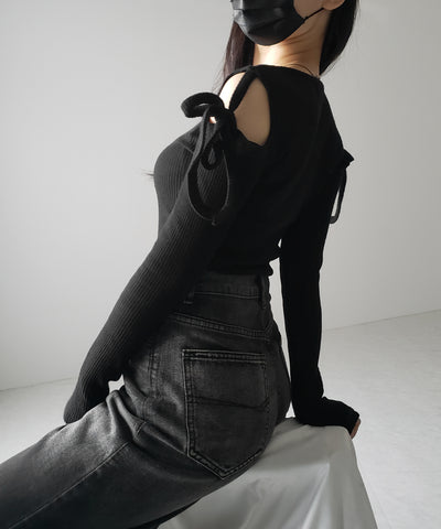 【 ３color 】カットアウトショルダーリボンリブトップス ／ Cut-out shoulder ribbon rib tops