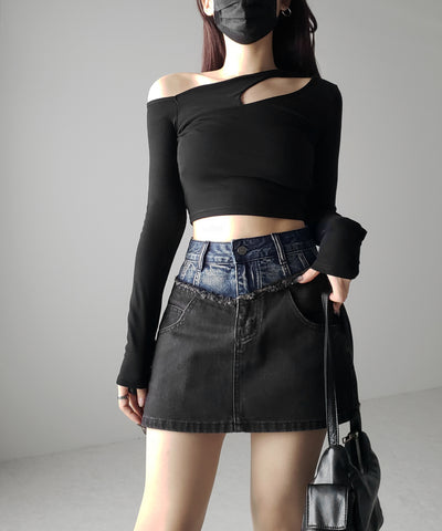【 ３size ／ ２color 】ダメージドッキングヴィンテージデニムミニスカート ／damage docking vintage denim mini skirt