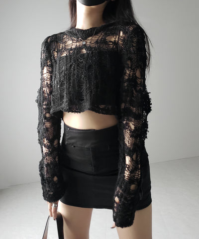 【 ２color 】クラッシュダメージショートシアーニット ／ crush damage short sheer knit