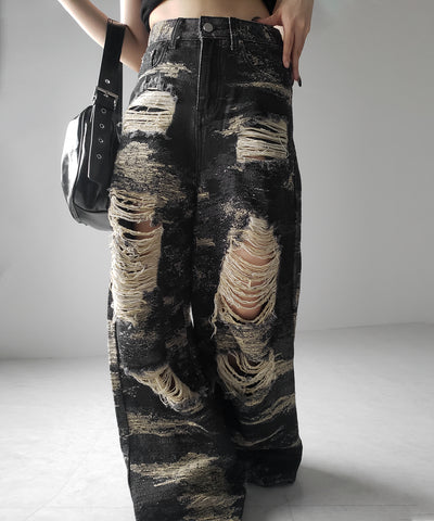 【 ２color ／ ４size 】クラッシュダメージバイカラースラブワイドデニム ／ crash damaged bicolor slab wide denim