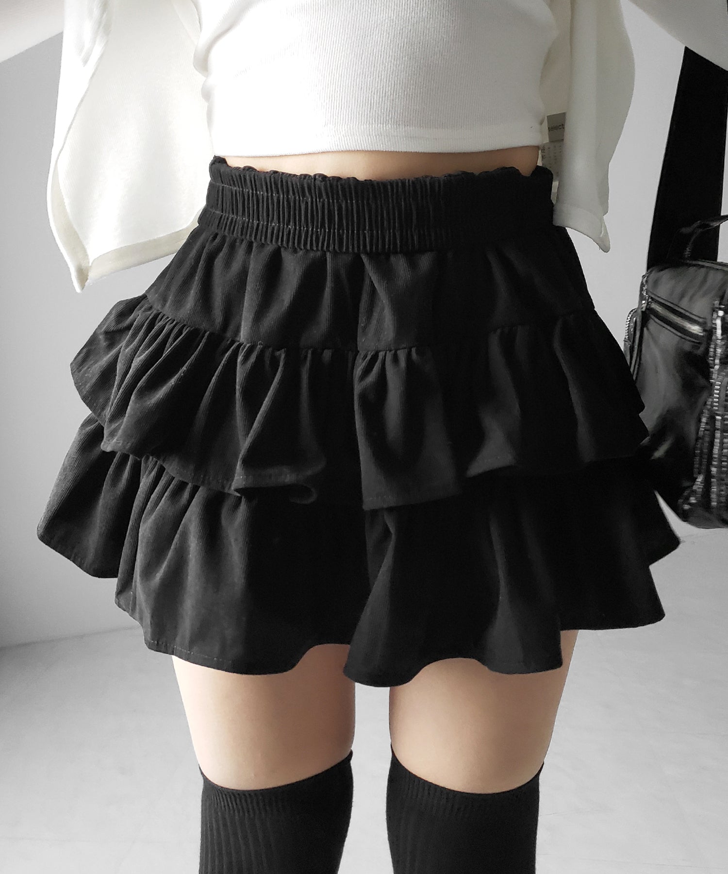 【 無地 or レオパードから選べる ／ インパン裏地付 】コーデュロイティアードフリルミニスカート ／ corduroy tiered frill mini skirt