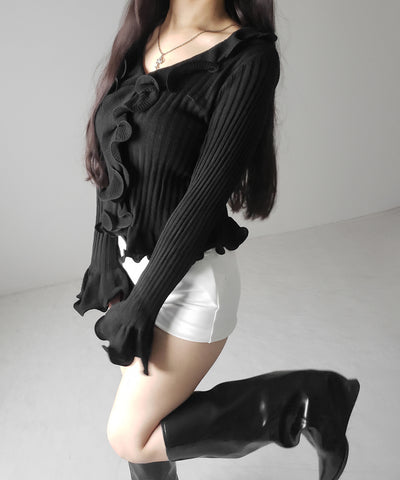 シアーフリル長袖リブニットカーディガン ／ sheer frill long-sleeve ribbed knit cardigan