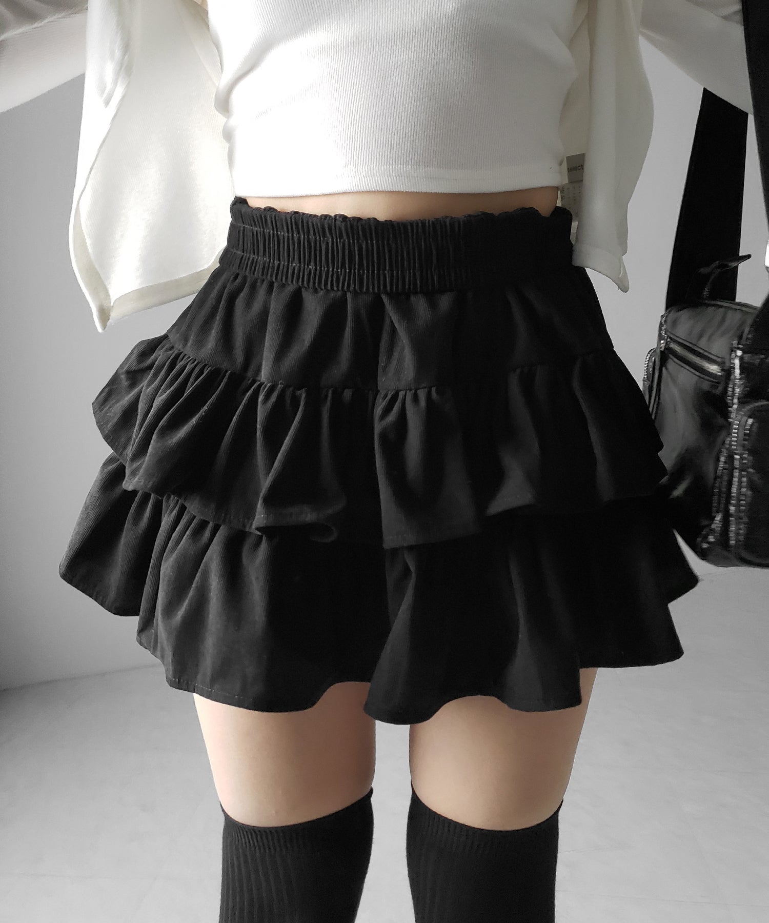 【 無地 or レオパードから選べる ／ インパン裏地付 】コーデュロイティアードフリルミニスカート ／ corduroy tiered frill mini skirt