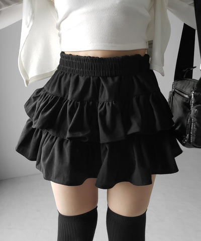 【 無地 or レオパードから選べる ／ インパン裏地付 】コーデュロイティアードフリルミニスカート ／ corduroy tiered frill mini skirt