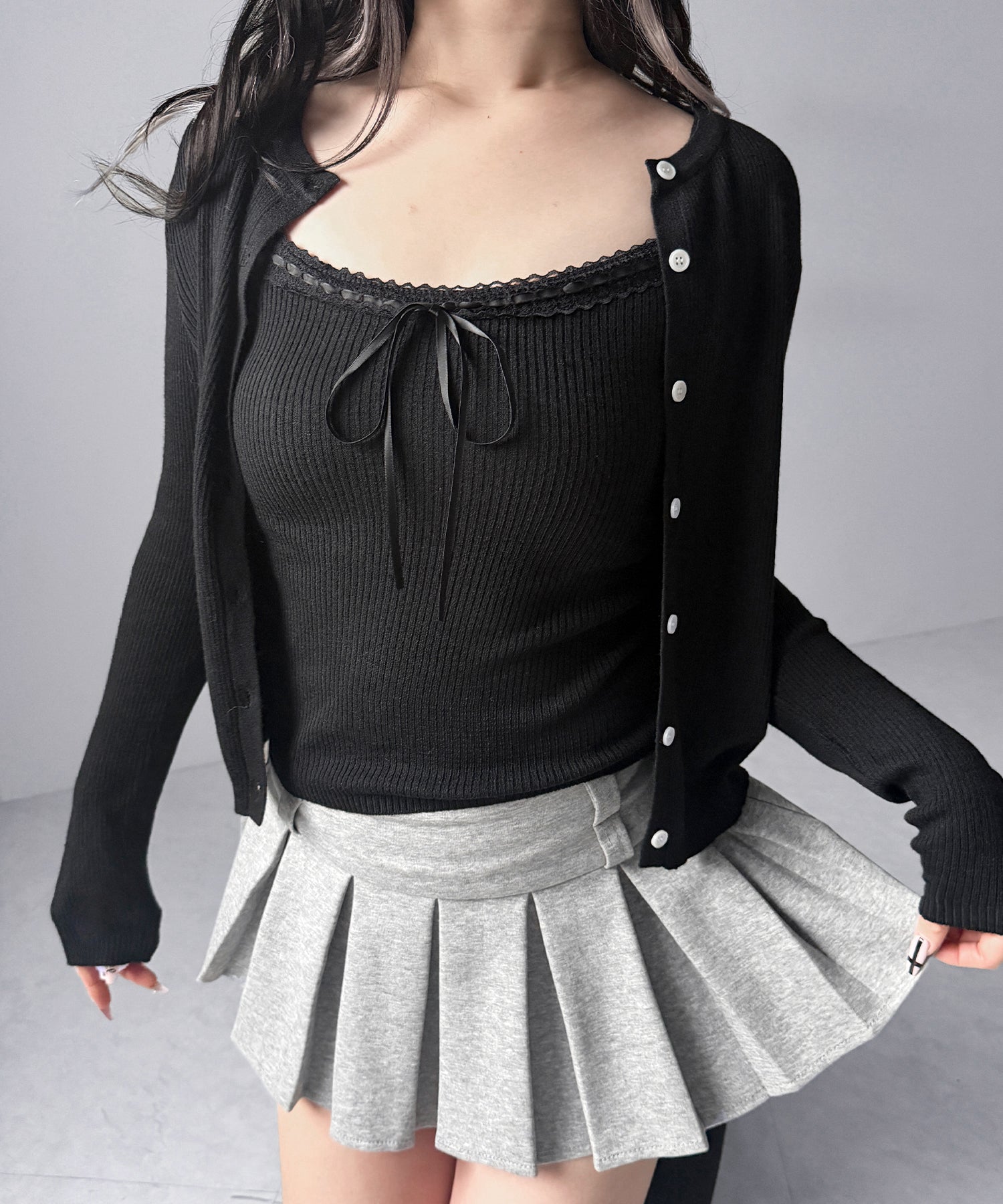 【 ２点セット 】リボンリブニットキャミソール ＋ カーディガンセット / ribbon rib knit camisole + cardigan set