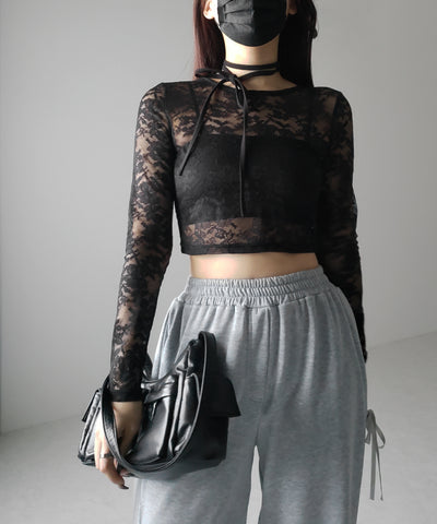 【 ２color 】ストラップリボンショートレーストップス ／ strap ribbon short lace tops