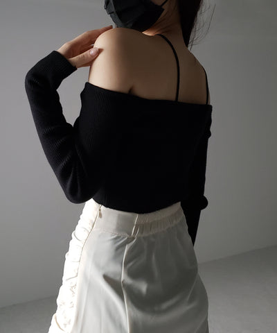 【 ２color 】クロスストラップオフショルダーリブニット