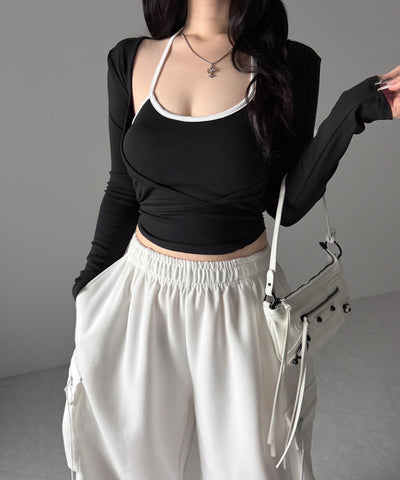 【２点セット 】２WAY クロスストラップショートカーディガン＋ ホルターリボンバイカラーキャミSET ／ 2WAY cross strap short cardigan + halter ribbon bicolor camisole SET