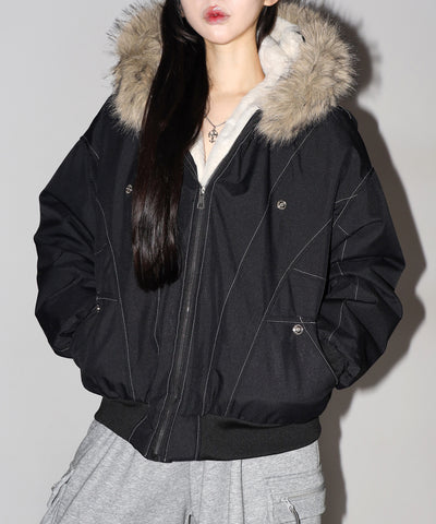 配色ステッチファーフード中綿オーバーブルゾン ／ stitch fur hood fake down over blouson