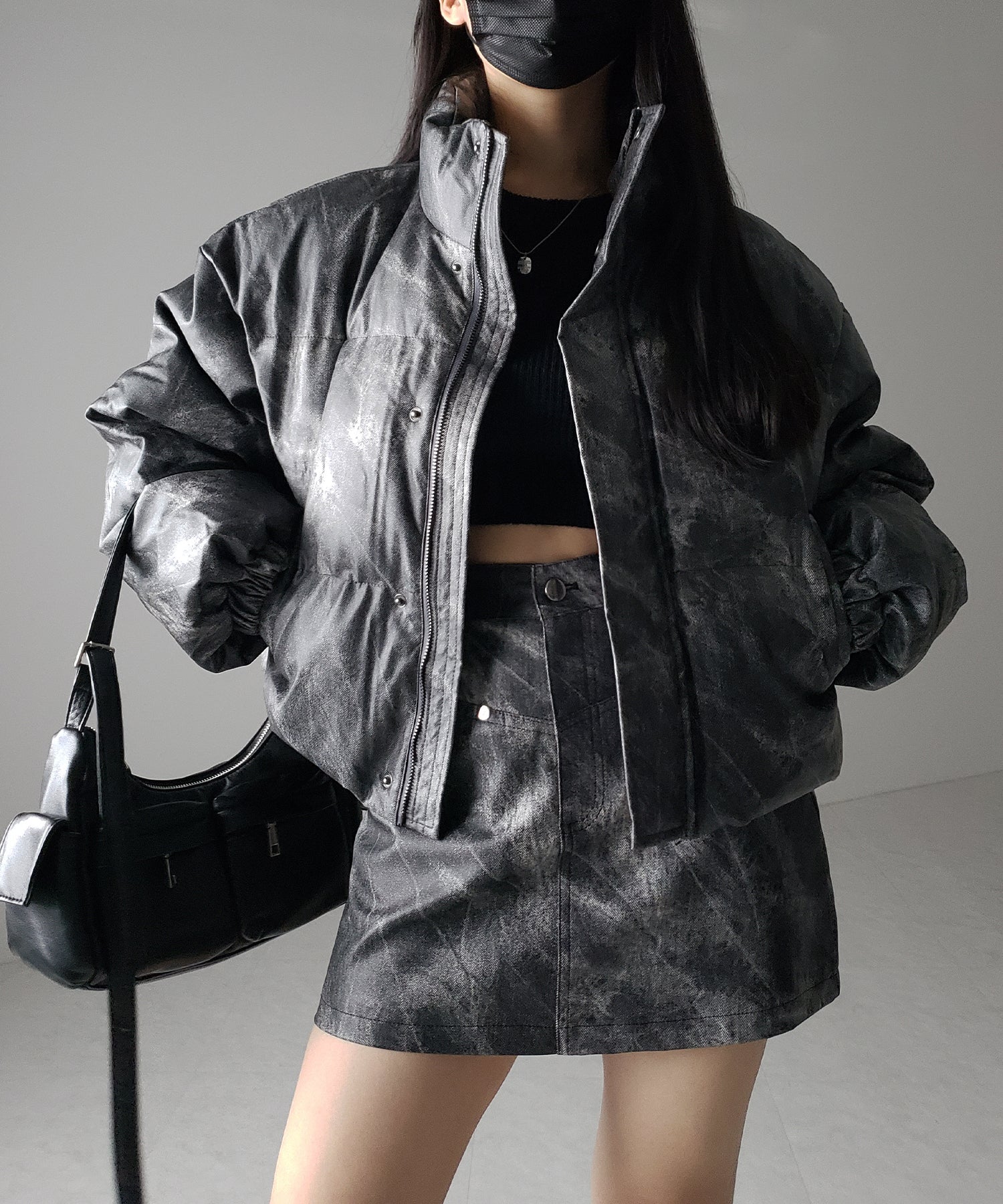 【 セットアップ着用可能 】ヴィンテージライクフェイクレザーショートダウンジャケット ／ vintage like fake leather short down jacket