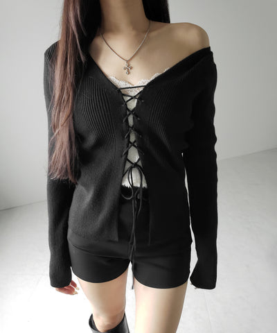 【 ３color 】レースアップリボンリブニットカーディガン ／ lace up ribbon rib knit cardigan