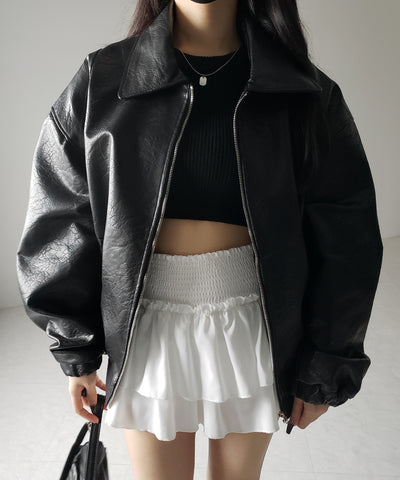 【 ２color 】バックリボン刺繍ヴィンテージライクフェイクレザーブルゾン ／ back ribbon vintage like fake leather blouson