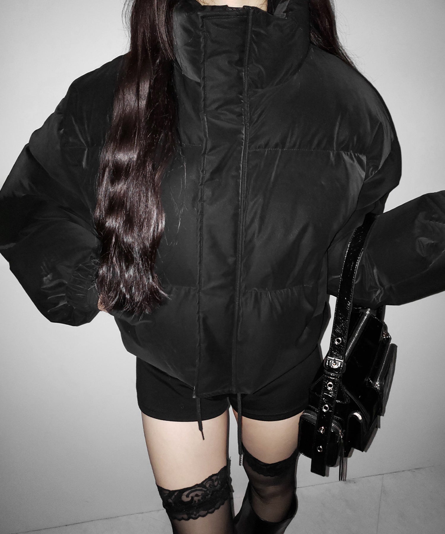 【 大好評につきロゴ無しバージョン追加！ 】グランジロゴ刺繍ショートパフダウンジャケット ／ grunge logo embroidery short puff down jacket