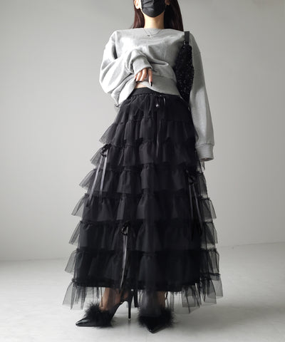 【 ４color 】ストラップリボンバレエコアチュールスカート ／strap ribbon ballet core tulle skirt