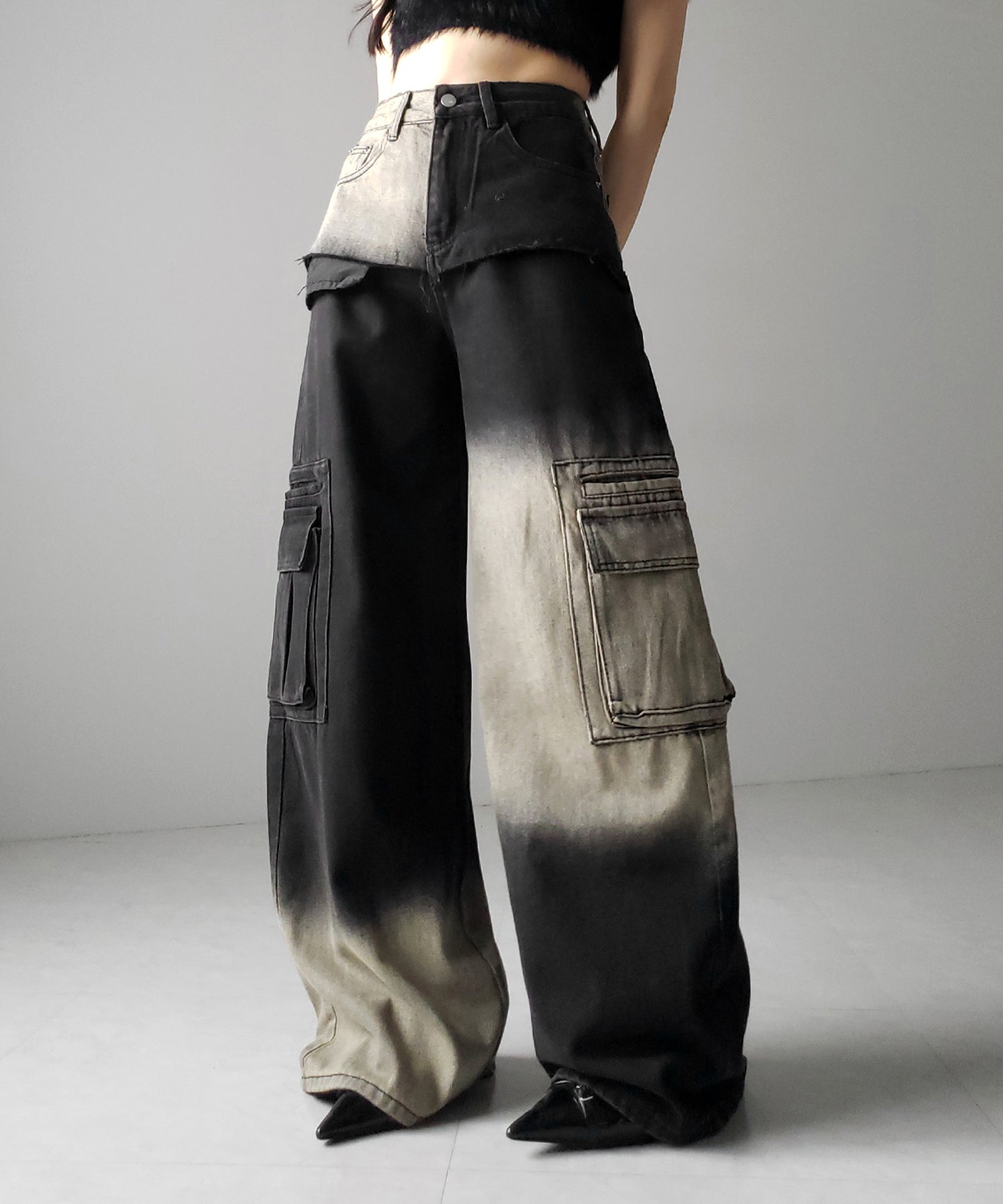 【 ２color ／４size 】ブロッキングバイカラーオーバーダイワイドデニム ／ blocking bicolor overdye wide denim