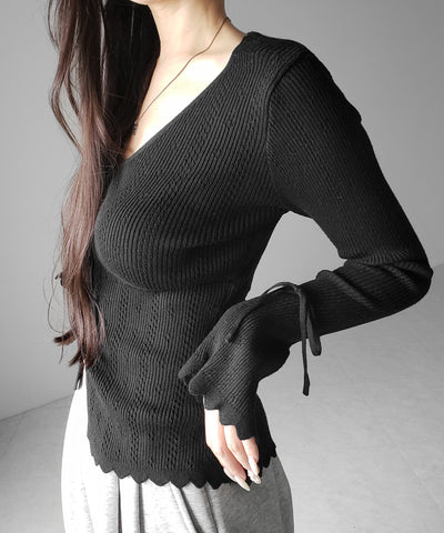 フレアリボンスリーブ透かし編みニットカーディガン ／ flare ribbon sleeve openwork knit cardigan