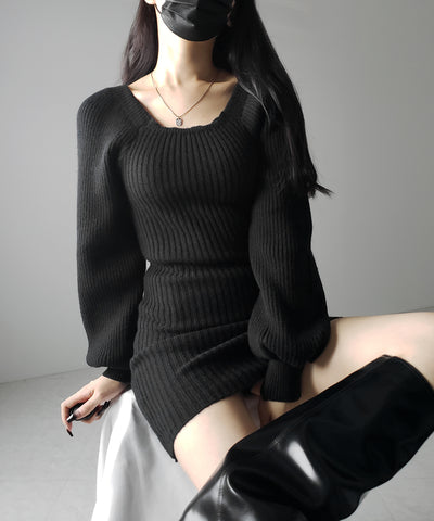 【 ２color 】スクエアネックリブニットミニワンピース ／ square neck rib knit mini one piece