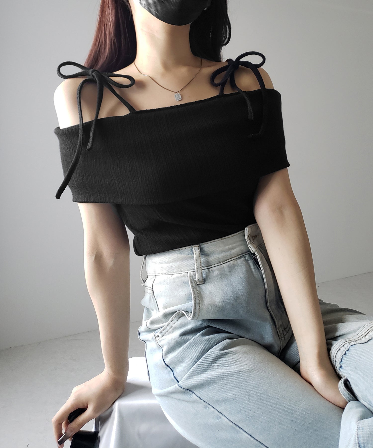 【 ２color 】ダブルリボンオフショルダーリブトップス ／ double ribbon off-shoulder rib tops