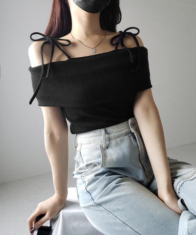【 ２color 】ダブルリボンオフショルダーリブトップス ／ double ribbon off-shoulder rib tops