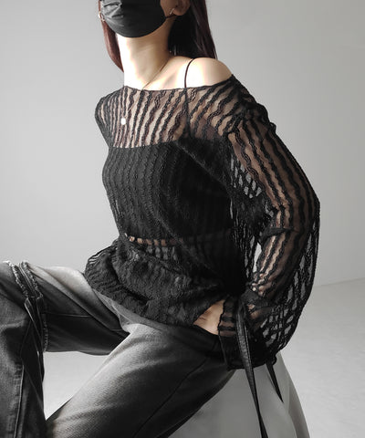 【 ２WAY 】ワンショルワイドスリーブルーズシアートップス ／ one shoulder wide sleeve loose sheer tops