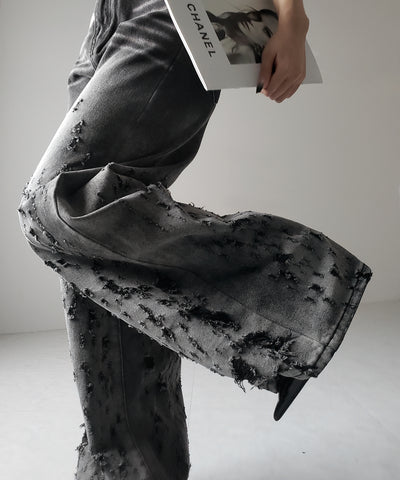 【 ２color ／ ４size 】グラデーションクラッシュダメージワイドデニムパンツ ／ gradation crash damage wide denim pants